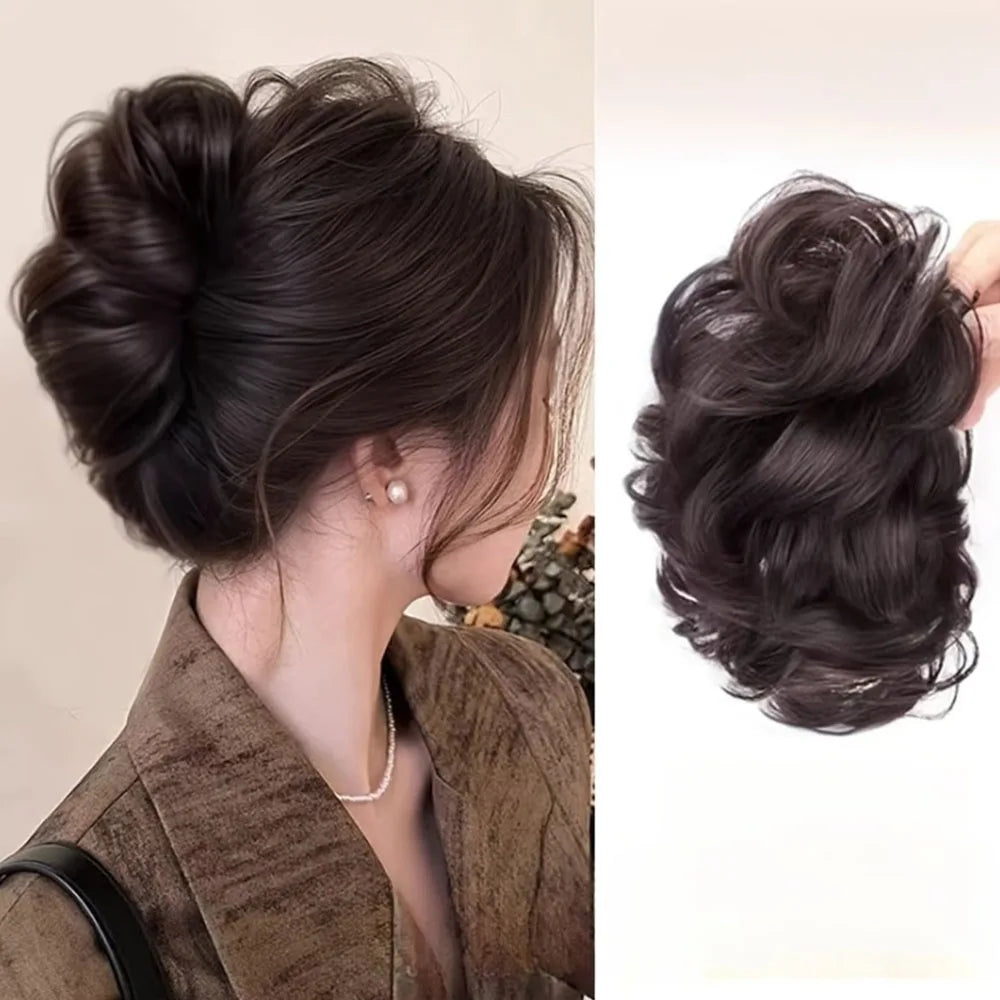 Individual hair clip for bun or wig, made of fiber, by Corporación Turística, shown securing a styled hairpiece.