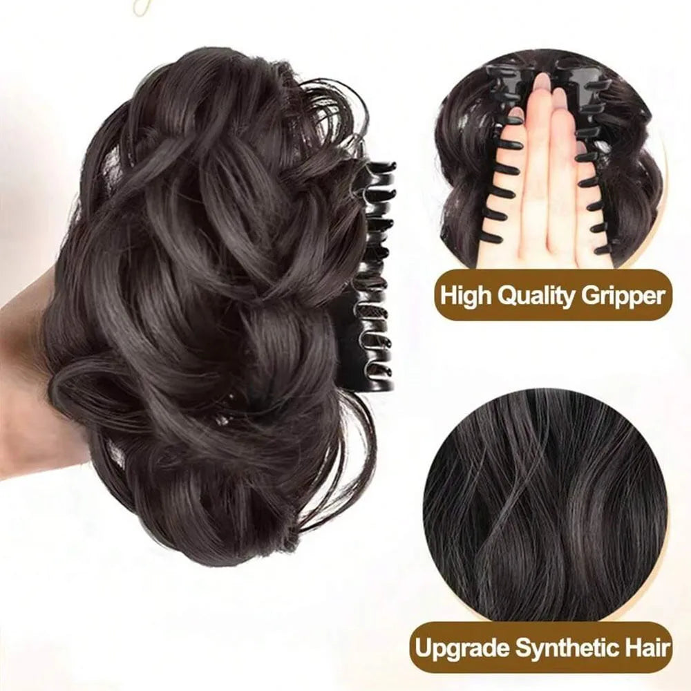 Individual hair clip for bun or wig, made of fiber, by Corporación Turística, shown holding a hairstyle or wig in the image.