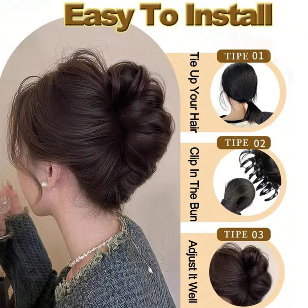 Individual hair clip for bun or wig, made of fiber, by Corporación Turística, shown holding a styled hairpiece or wig.