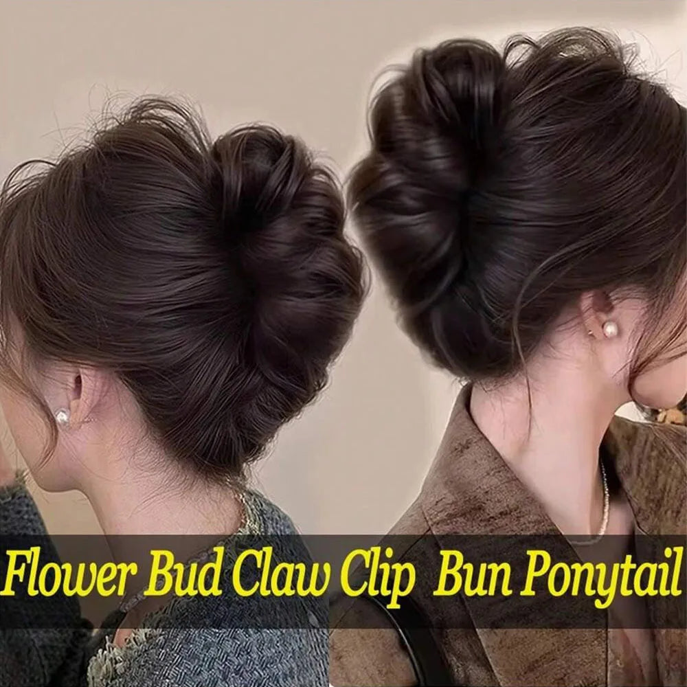 Individual hair clip for bun or wig, made of fiber, by Corporación Turística, shown holding hair in a natural setting.