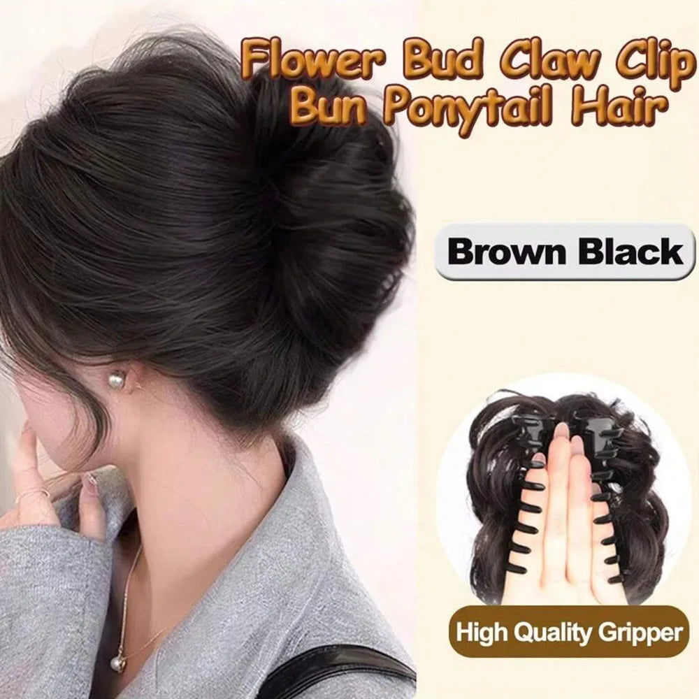 Individual hair clip for bun or wig, made of fiber, by Corporación Turística, shown holding hair in a natural style.