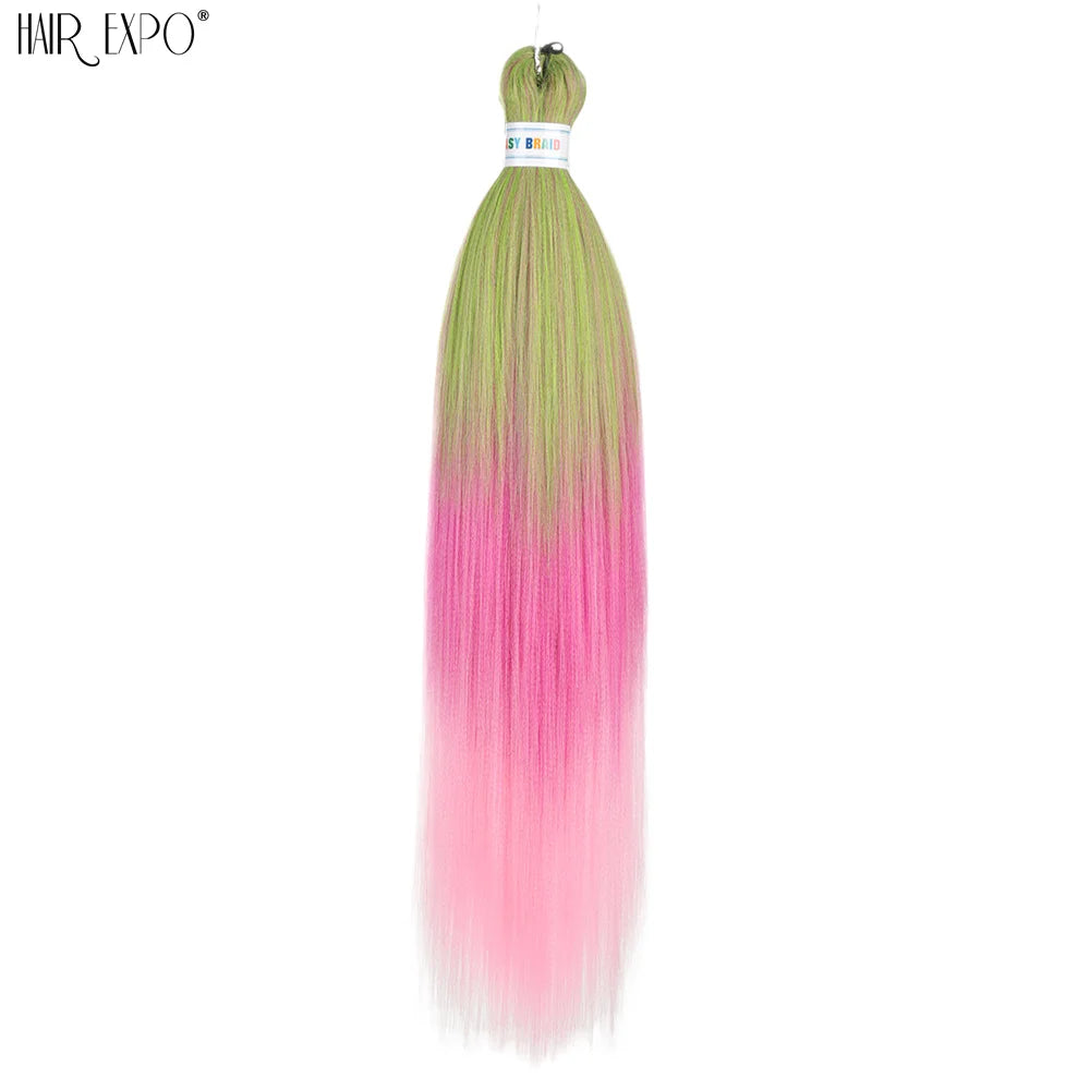 26-inch easy-to-install hair extensions with braids from Corporación Turística, shown in green, styled in long, layered braids.