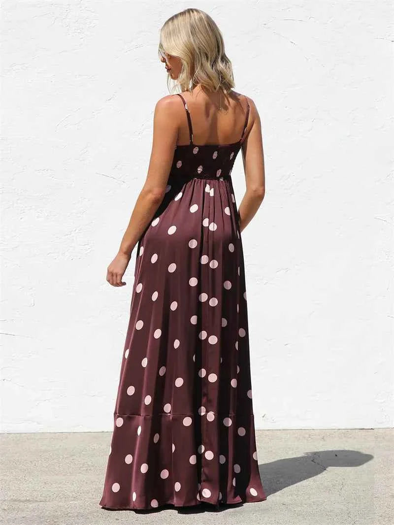 Fucsia long dress for women with thin spaghetti straps, stylish and elegant, by Corporación Turística.