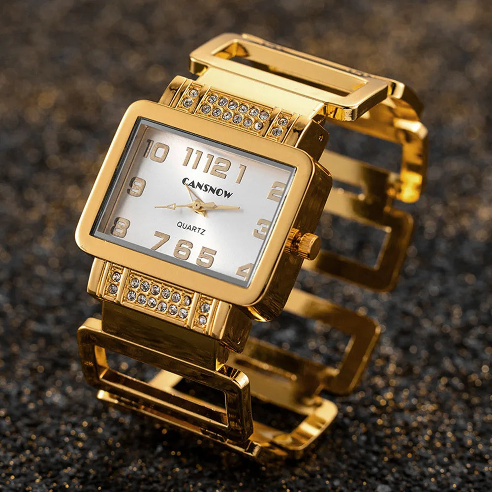 Gold and black rectangular Cansnow women's watch with bracelet band, stylish and elegant for daily wear.