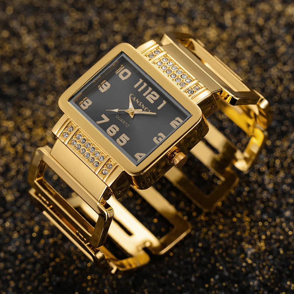 Gold and black rectangular Cansnow women's watch with a sleek bracelet design by Corporación Turística.