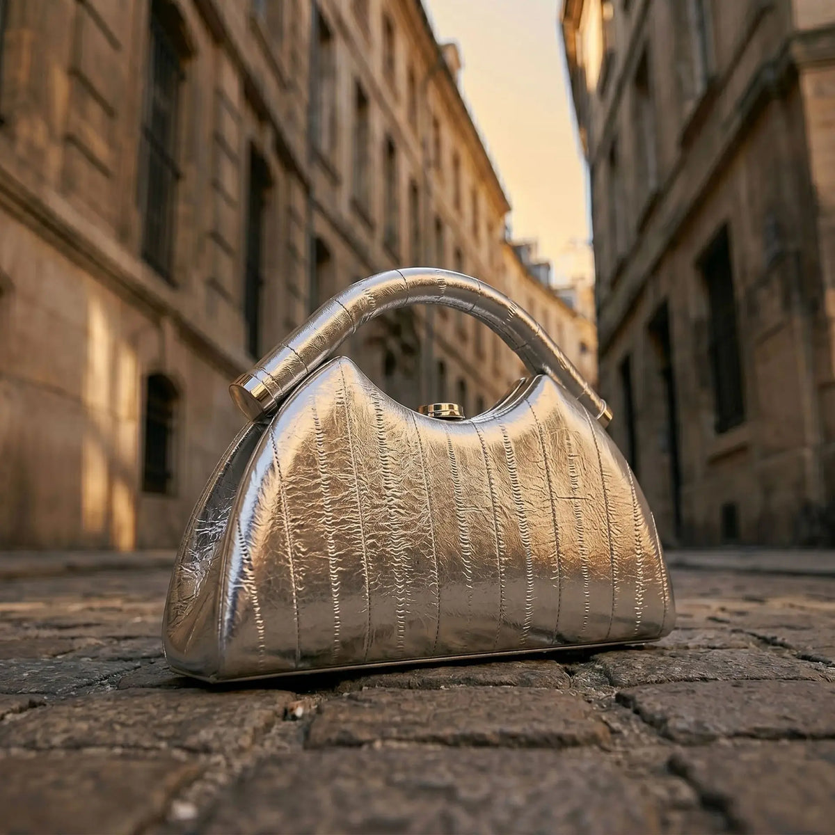 Gold Luna-shaped evening clutch bag for women, elegant night purse from Corporación Turística with a sleek handle.