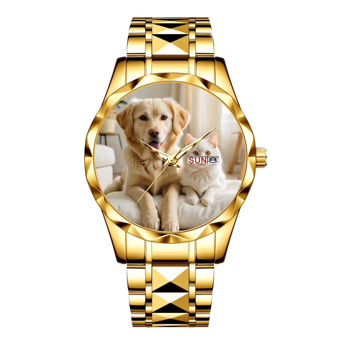Personalizable Corporación Turística gold-inlaid watch with custom images, elegant design, and intricate detailing.