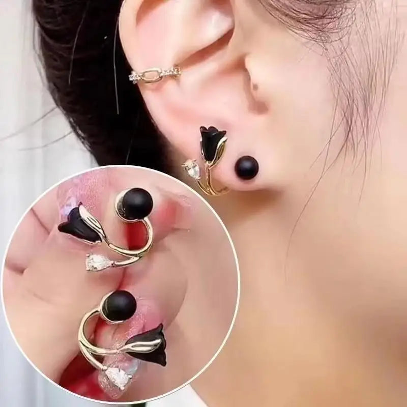 Gold and white Korean fashion zircon pendant earrings with dangling design, stylish jewelry for women.
