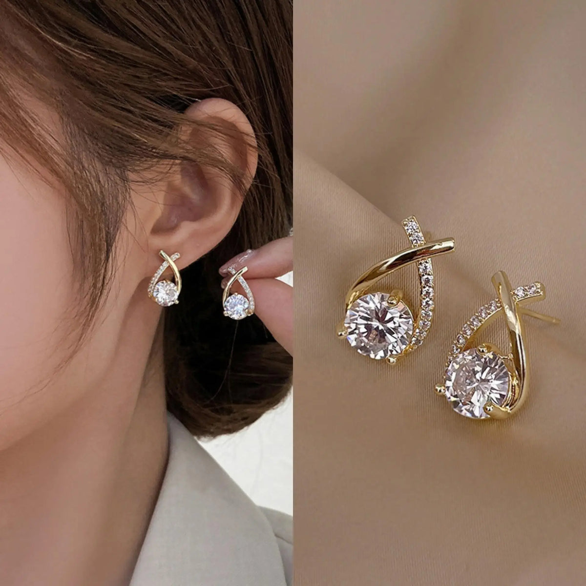 Gold and white Korean fashion zircon dangling earrings, elegant jewelry with sparkling stones for women.
