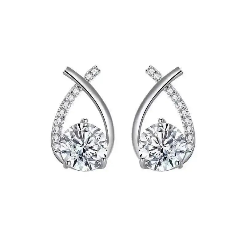 Gold and white Korean fashion zirconia hanging earrings, stylish jewelry with sparkling accents for women.