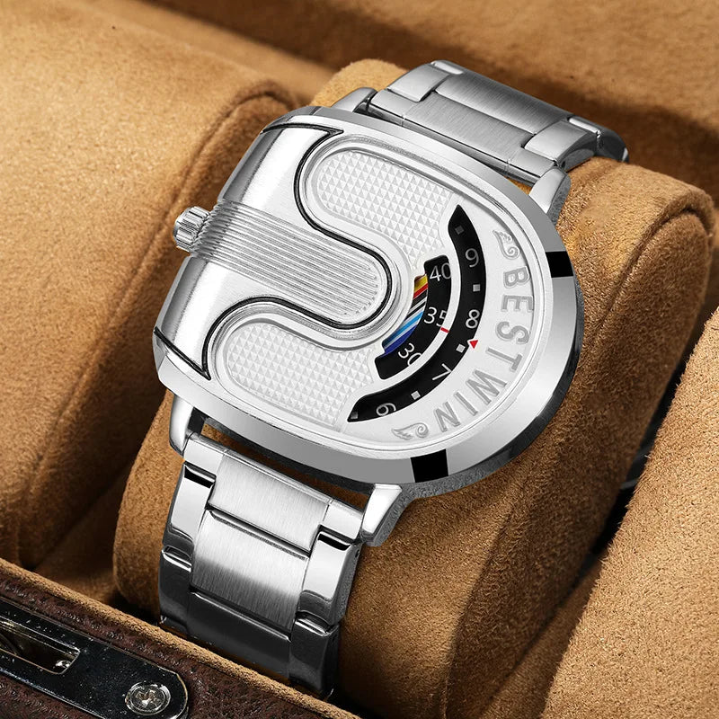 Luxury gold men's watch by Corporación Turística with a unique design and white band, showcasing elegant craftsmanship.