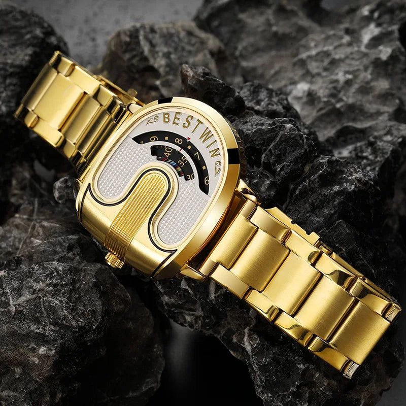 Luxury gold men's watch by Corporación Turística with a white dial and unique design, featuring a stylish band.