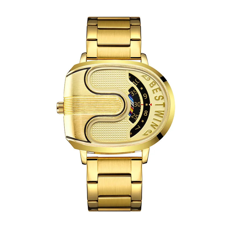 Luxury men's gold watch by Corporación Turística with a white dial and unique design, featuring a stylish band.