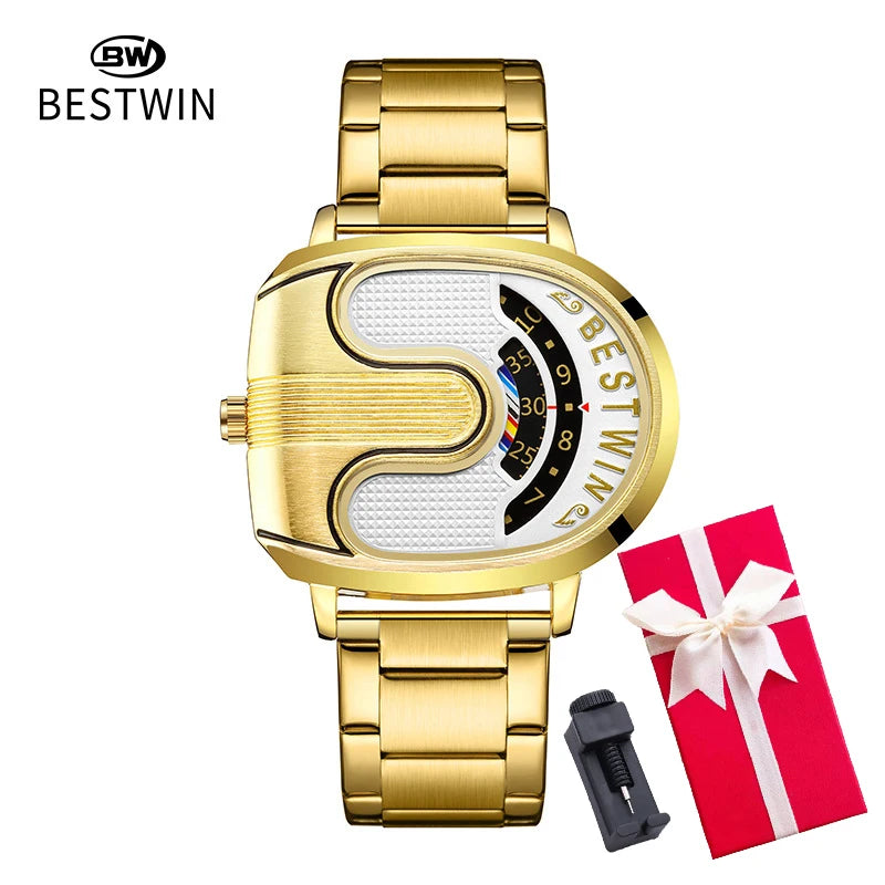 Luxury gold men's watch by Corporación Turística with a white dial and unique design featuring a sleek band.