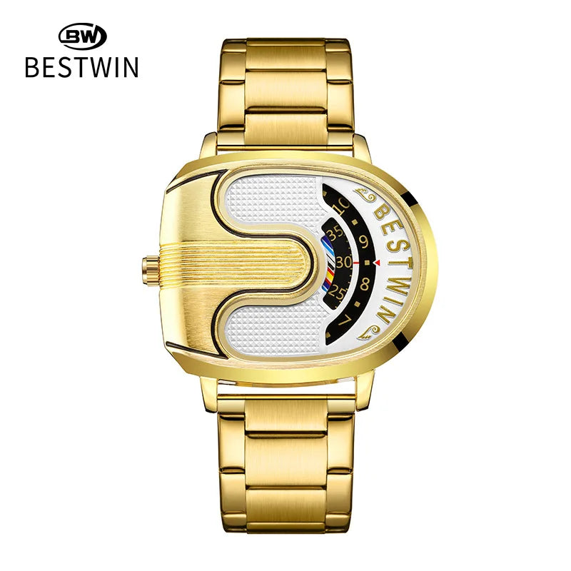 Luxury gold men's watch by Corporación Turística featuring a unique design and white band with elegant details.