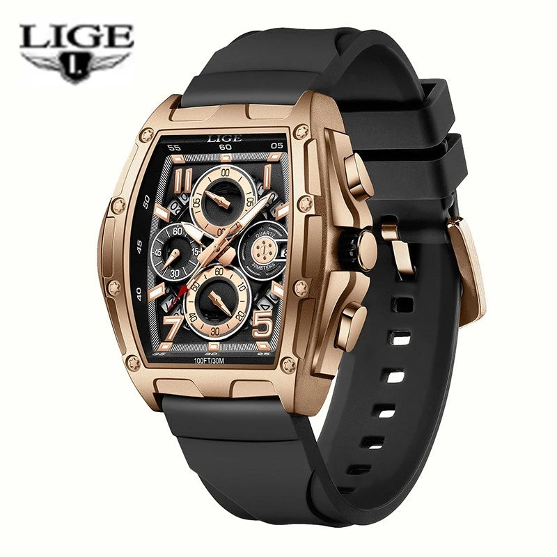 LIGE 2026 men's quartz watch with square black dial and gold-tone case, stylish timepiece for men.