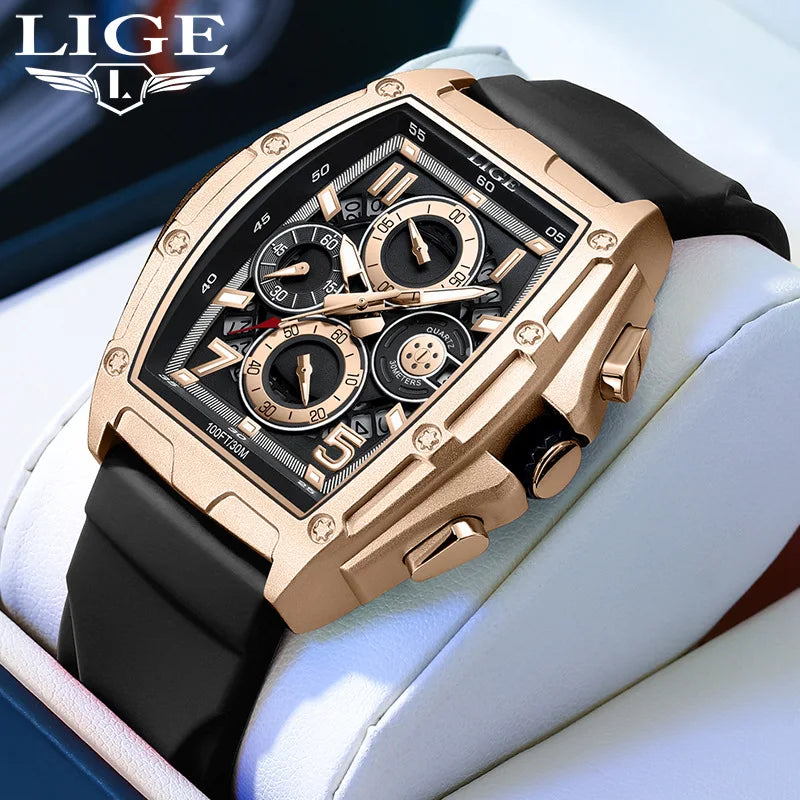 LIGE 2026 men's quartz watch with a golden-black square dial and stainless steel strap, stylish and modern timepiece.