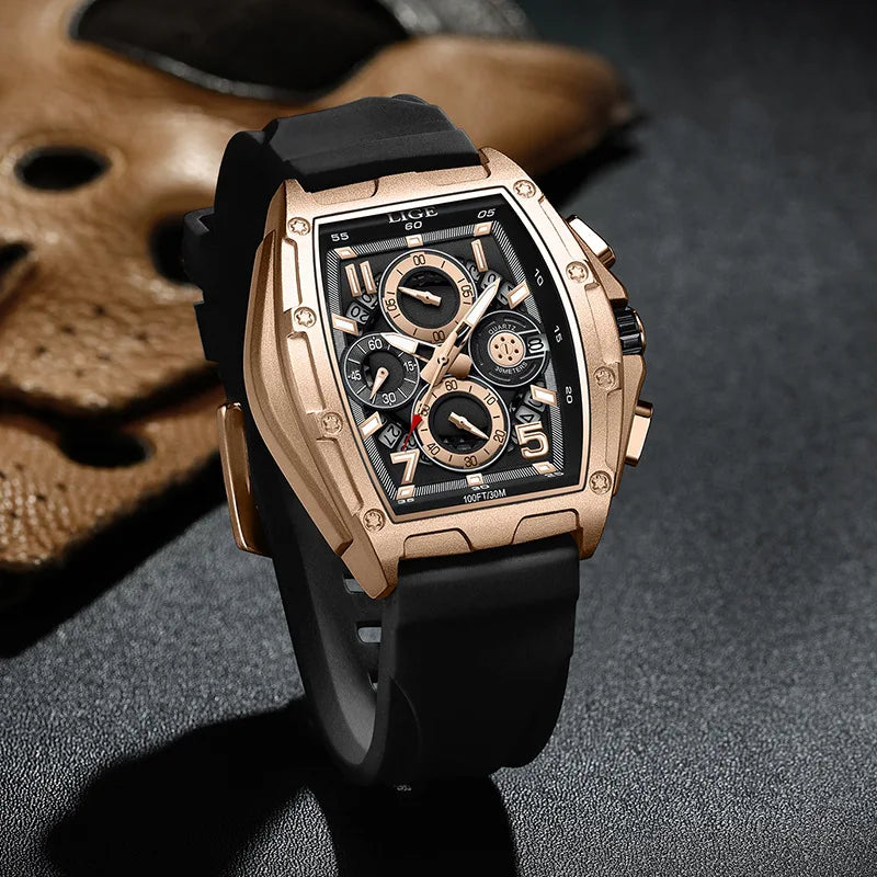 LIGE 2026 men's quartz watch with a black square dial and gold accents, featuring a sleek, modern design.