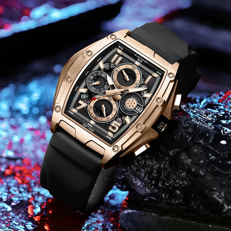 LIGE 2026 men's quartz watch with a square black dial and gold-tone case, stylish and modern accessory for men.