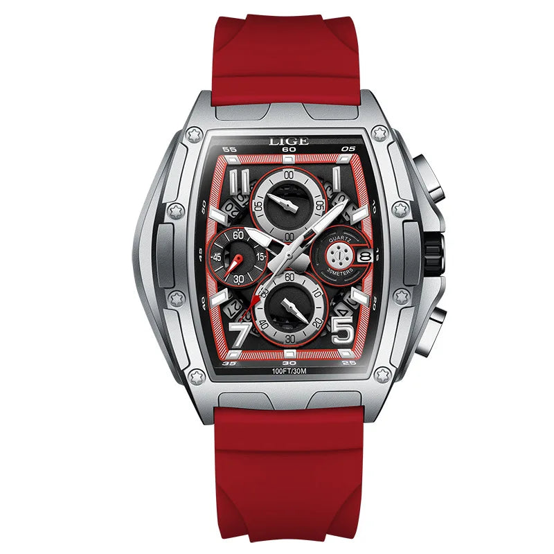 LIGE 2026 men's quartz watch with a gold and black square dial, stainless steel strap, and elegant design.
