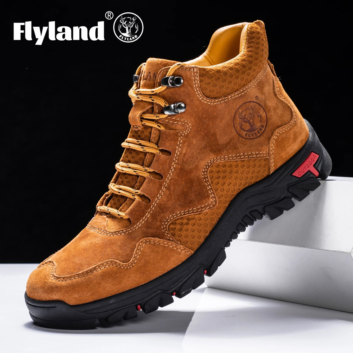 Leather ankle boots for men by FLYLAND, featuring a sleek design and brown leather material for casual or dress wear.