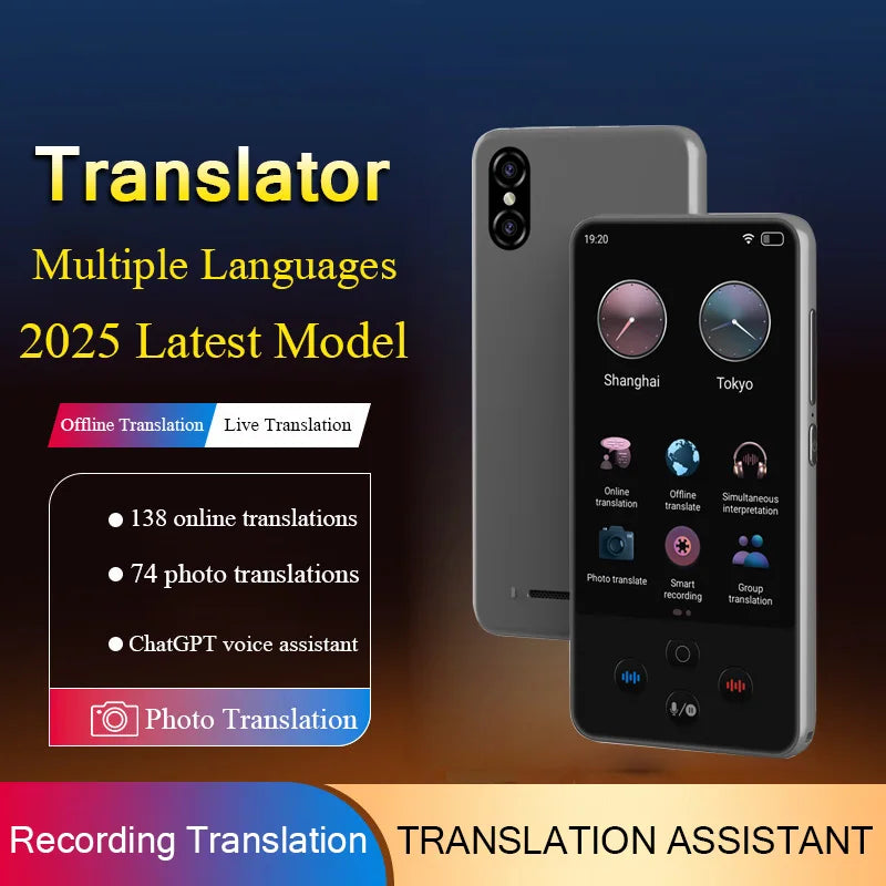 Gray language translator device by Corporación Turística compatible with 138 languages, suitable for travel and communication.