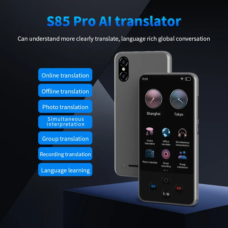 Gray language translator device by Corporación Turística compatible with 138 languages, shown with Chinese mainland text on display.