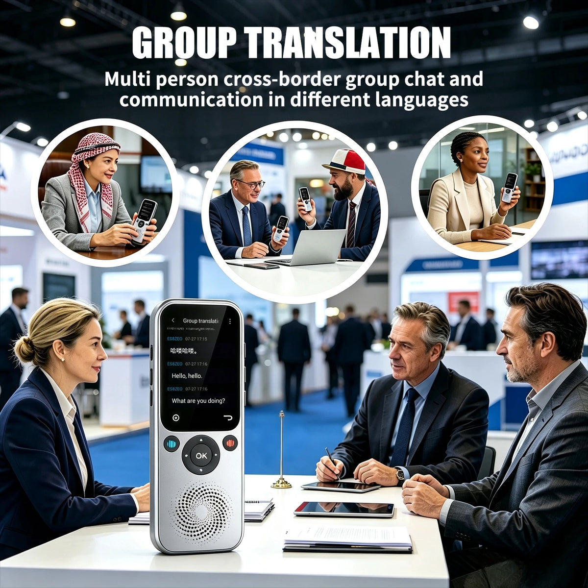 Gray language translator device by Corporación Turística, compatible with translation apps, designed for easy multilingual communication.