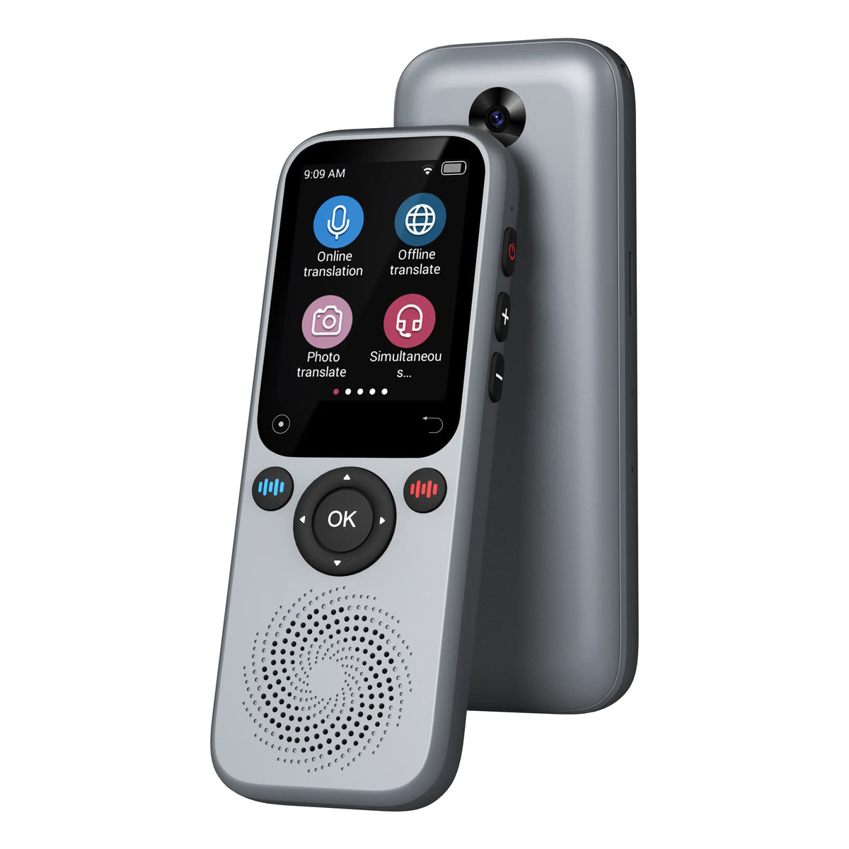 Gray language translator device from Corporación Turística, compatible with traductor, used for instant language translation.