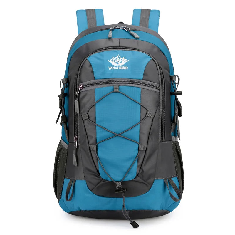 Green hiking and outdoor sports backpack by Corporación Turística, 36-55L capacity, with multiple compartments and adjustable straps.