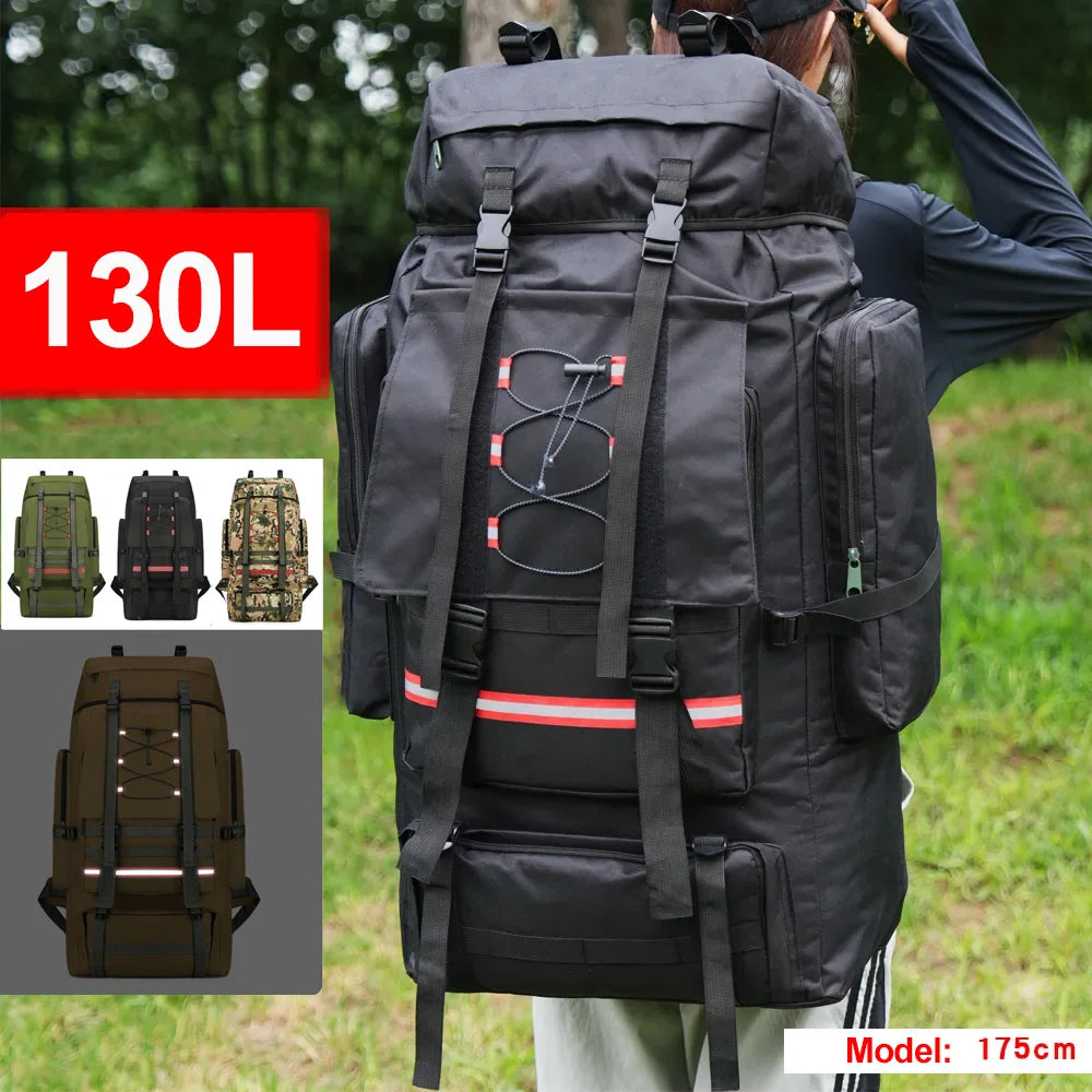 Green hiking and camping backpack by Corporación Turística, 130L and 80L capacity, with adjustable straps and multiple compartments.