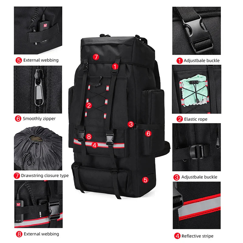 Green hiking and camping backpack with 130L and 80L capacity from Corporación Turística, featuring adjustable straps and multiple compartments.