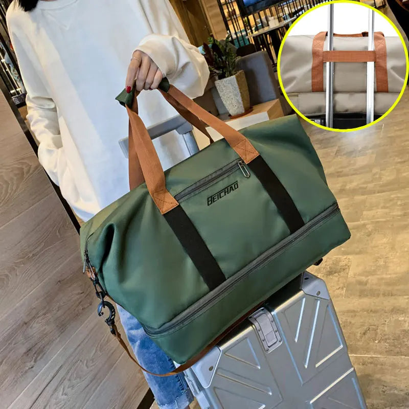 Green travel gym bag by Corporación Turística, compact short-distance luggage with sturdy handles and spacious interior.