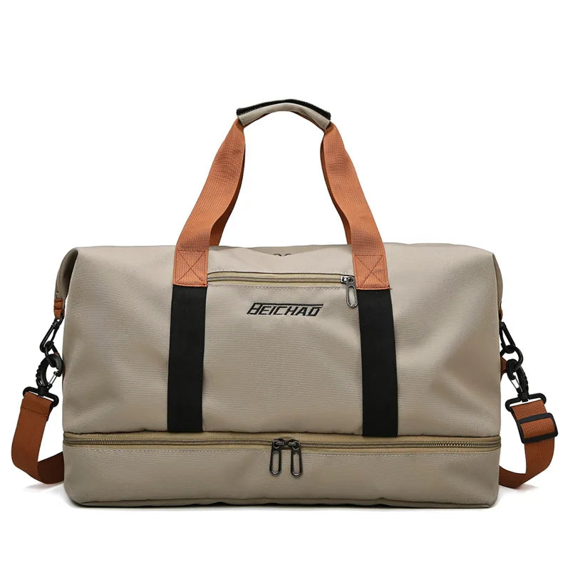 Green gym travel bag by Corporación Turística, compact gym and short trip luggage with sturdy handles and spacious interior.