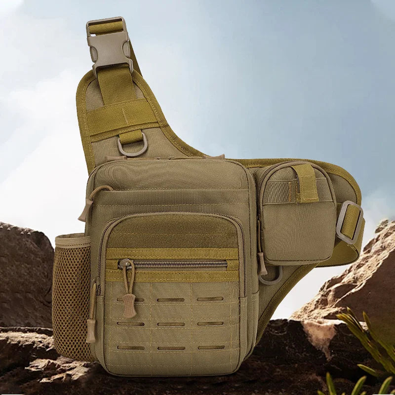 Green tactical chest bag by Corporación Turística, suitable for camping and fishing with multiple compartments.