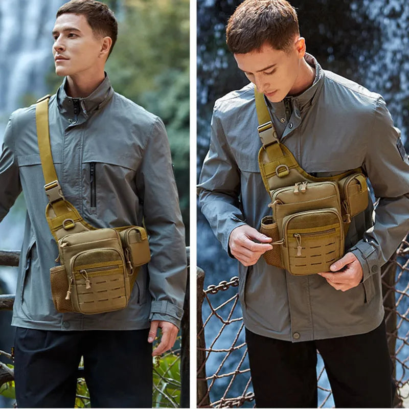 Green tactical chest camping bag with fishing lure holder, designed for outdoor camping and fishing activities.