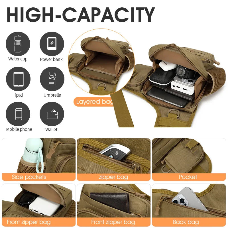 Green tactical chest bag for camping and fishing, featuring multiple compartments for gear, by Corporación Turística.