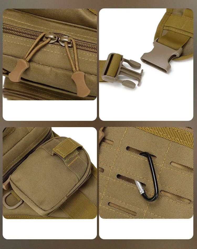Green tactical chest bag for camping and fishing, with multiple compartments and adjustable straps, by Corporación Turística.