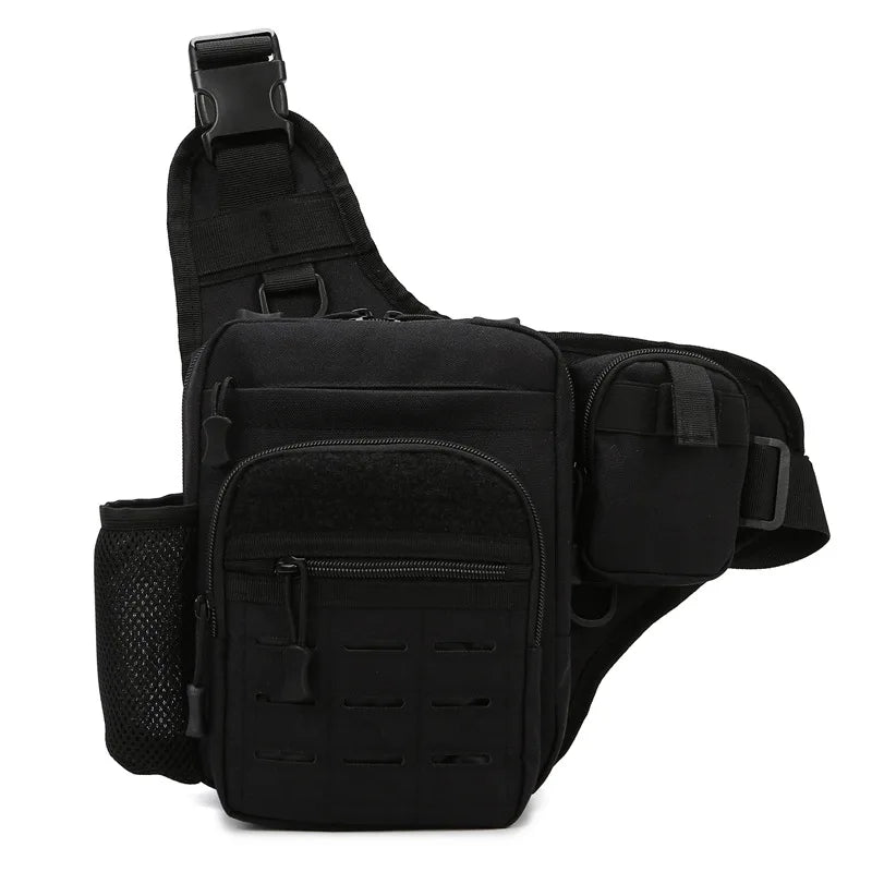 Green tactical chest bag for camping and fishing, with multiple pockets for gear and accessories.