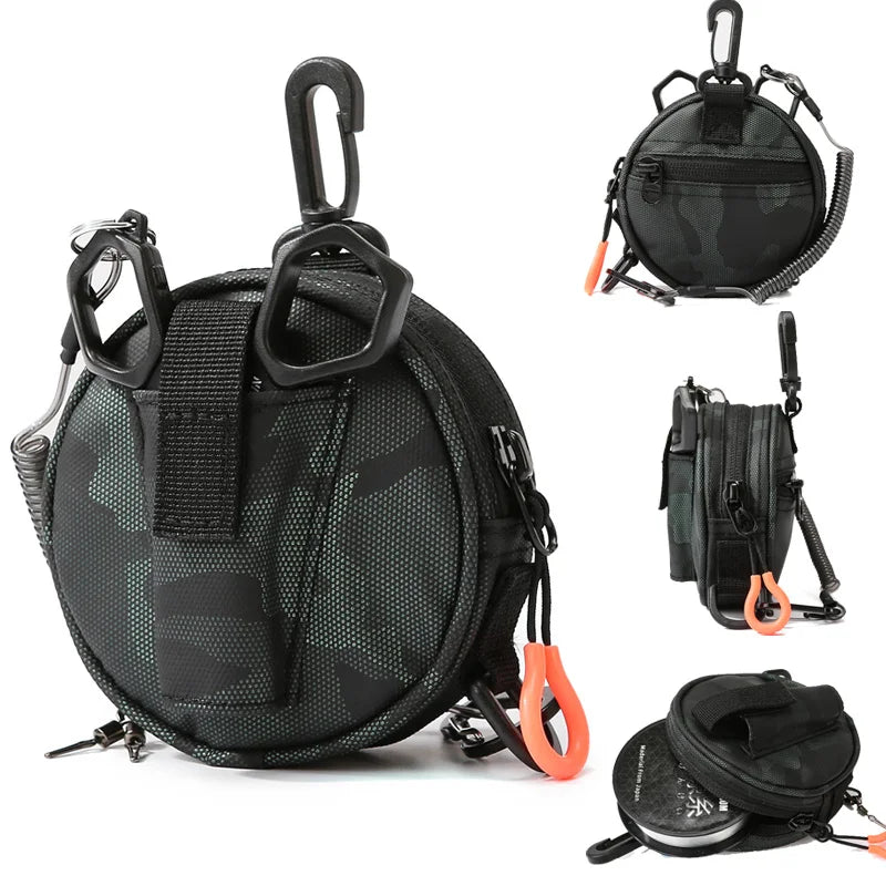 Green camouflage tactical MOLLE fishing gear bag with multiple compartments, designed for outdoor and fishing equipment storage.
