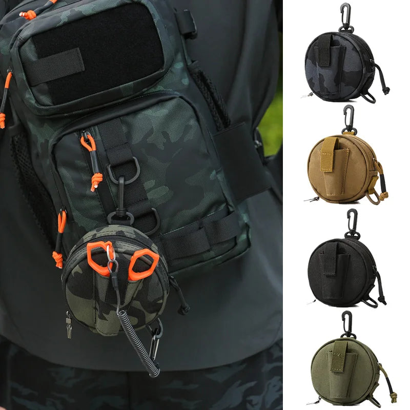 Green camouflage tactical Molle bag from Corporación Turística, hanging fishing gear storage with multiple compartments.