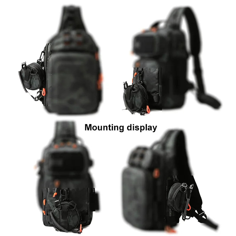 Green camouflage tactical Molle bag, hanging fishing gear storage pouch, designed by Corporación Turística.