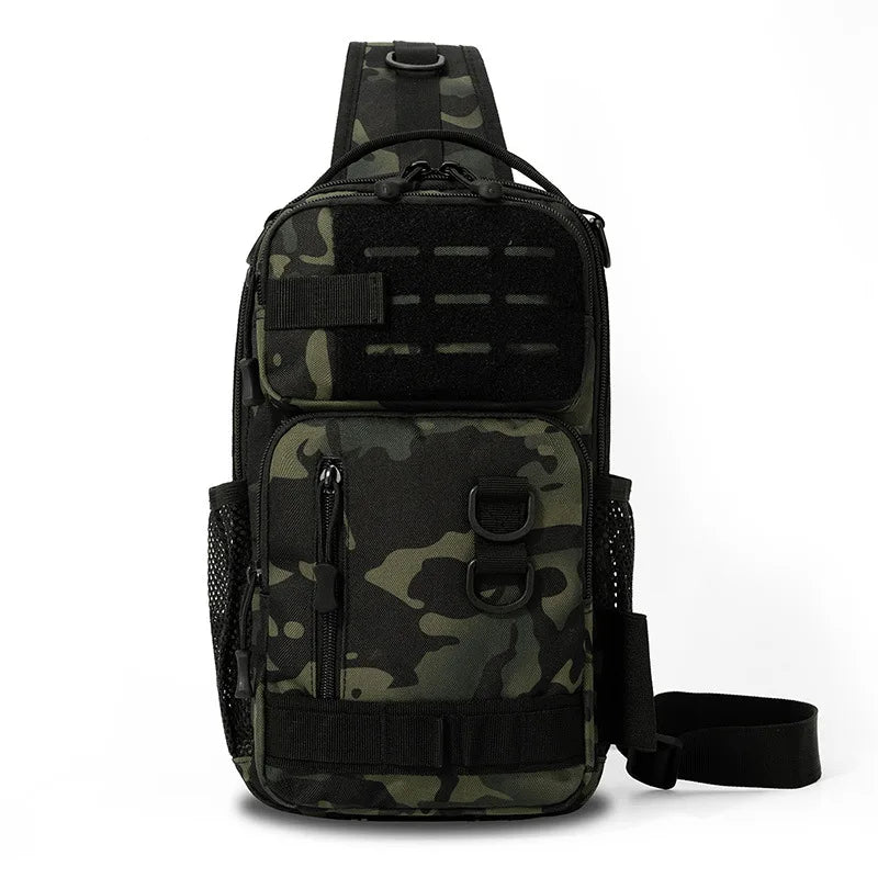 Green camouflage fishing gear tactical bag with shoulder straps and support, ideal for storing fishing tackle and equipment.