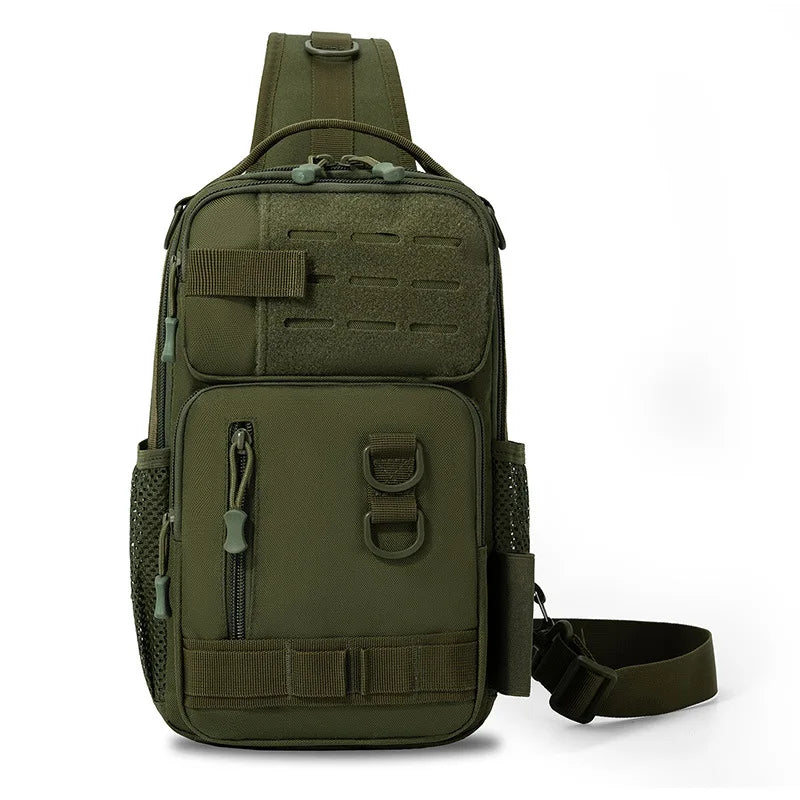 Green camo tactical fishing gear bag from Corporación Turística with backpack straps and multiple compartments for fishing accessories.