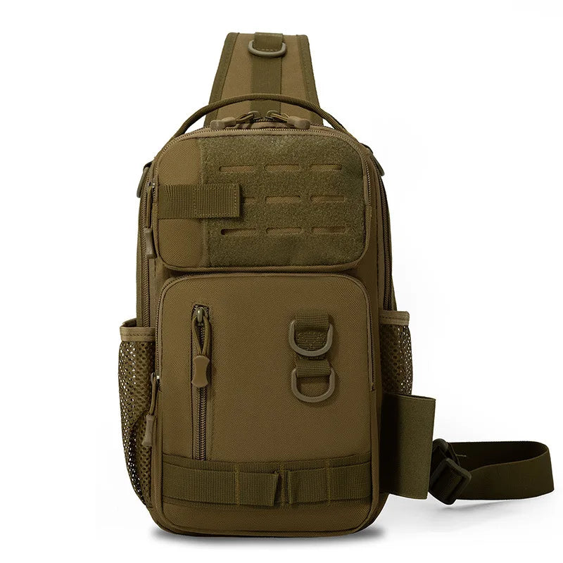 Green camouflage tactical fishing gear bag with backpack straps and fishing tackle support, designed for outdoor anglers.