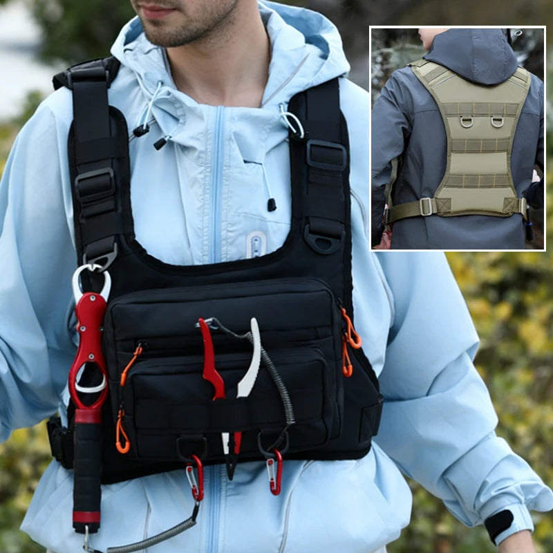 Green camouflage tactical vest for camping and outdoor sports by Corporación Turística, featuring multiple pockets and adjustable straps.
