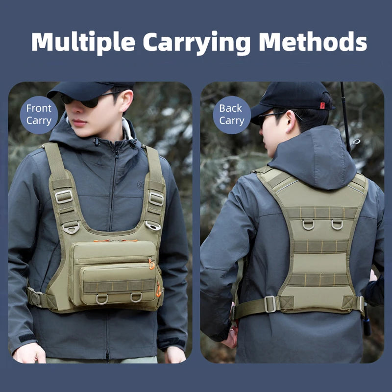 Green camouflage tactical vest for camping, outdoor sports, and fishing by Corporación Turística, with multiple pockets and adjustable straps.