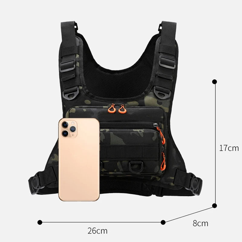 Green camouflage tactical vest from Corporación Turística, ideal for camping, outdoor sports, and outdoor activities.