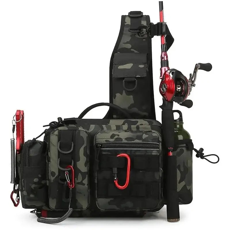 Green camouflage fishing tackle backpack for men by Corporación Turística, with multiple compartments for fishing gear storage.