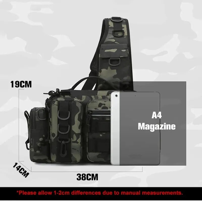 Green camouflage fishing tackle backpack for men, durable fishing gear storage bag by Corporación Turística.